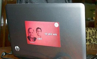 Laptop with the picture of Akhilesh Yadav seen inside the polling booth in UP